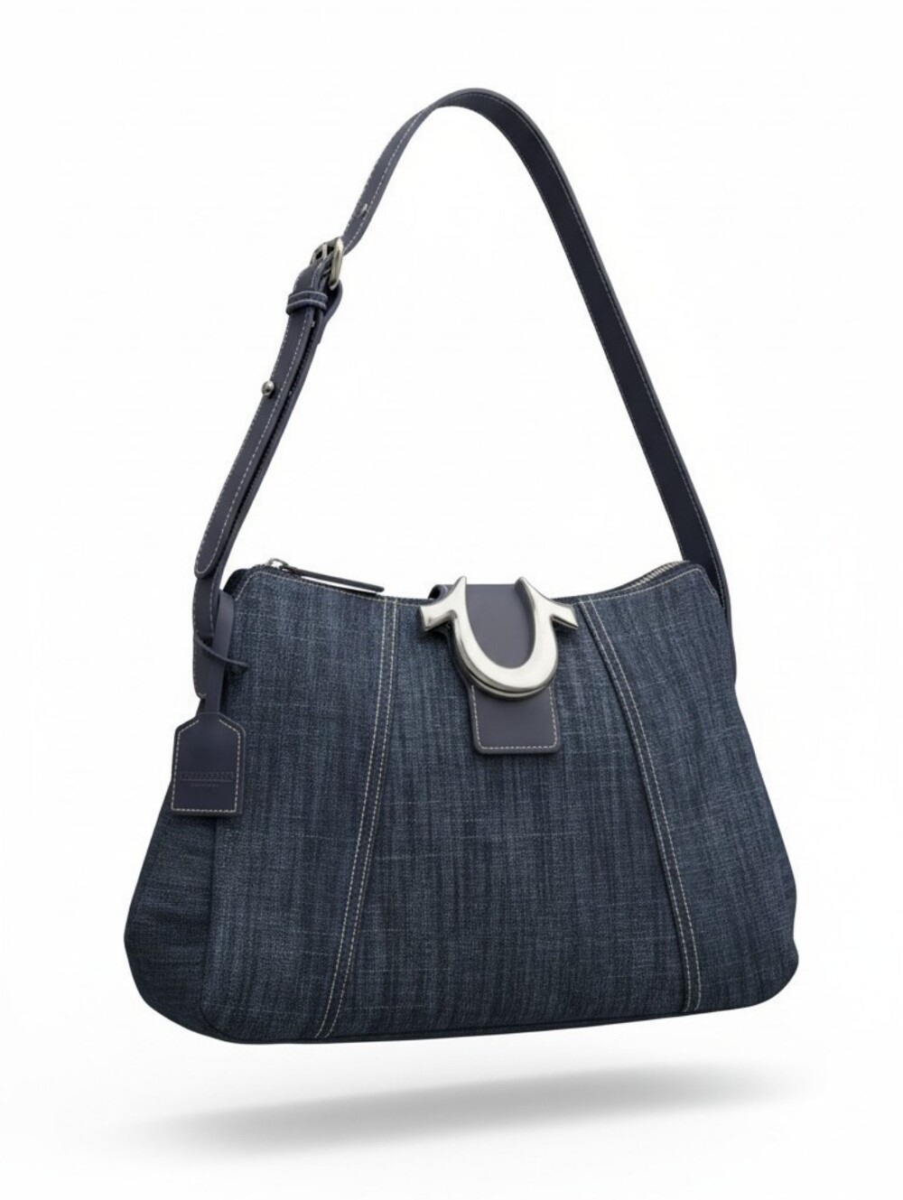 True Religion Navy Denim-Textured Shoulder Bag with Silver Hardware